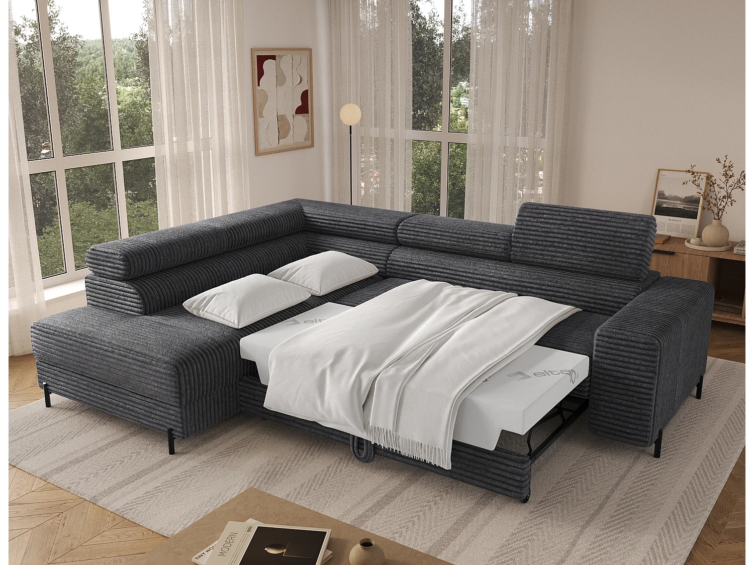 Canapé d’angle convertible KOLEZO en tissu côtelé avec coffre et têtières réglables – 274cm-Gris-angle gauche