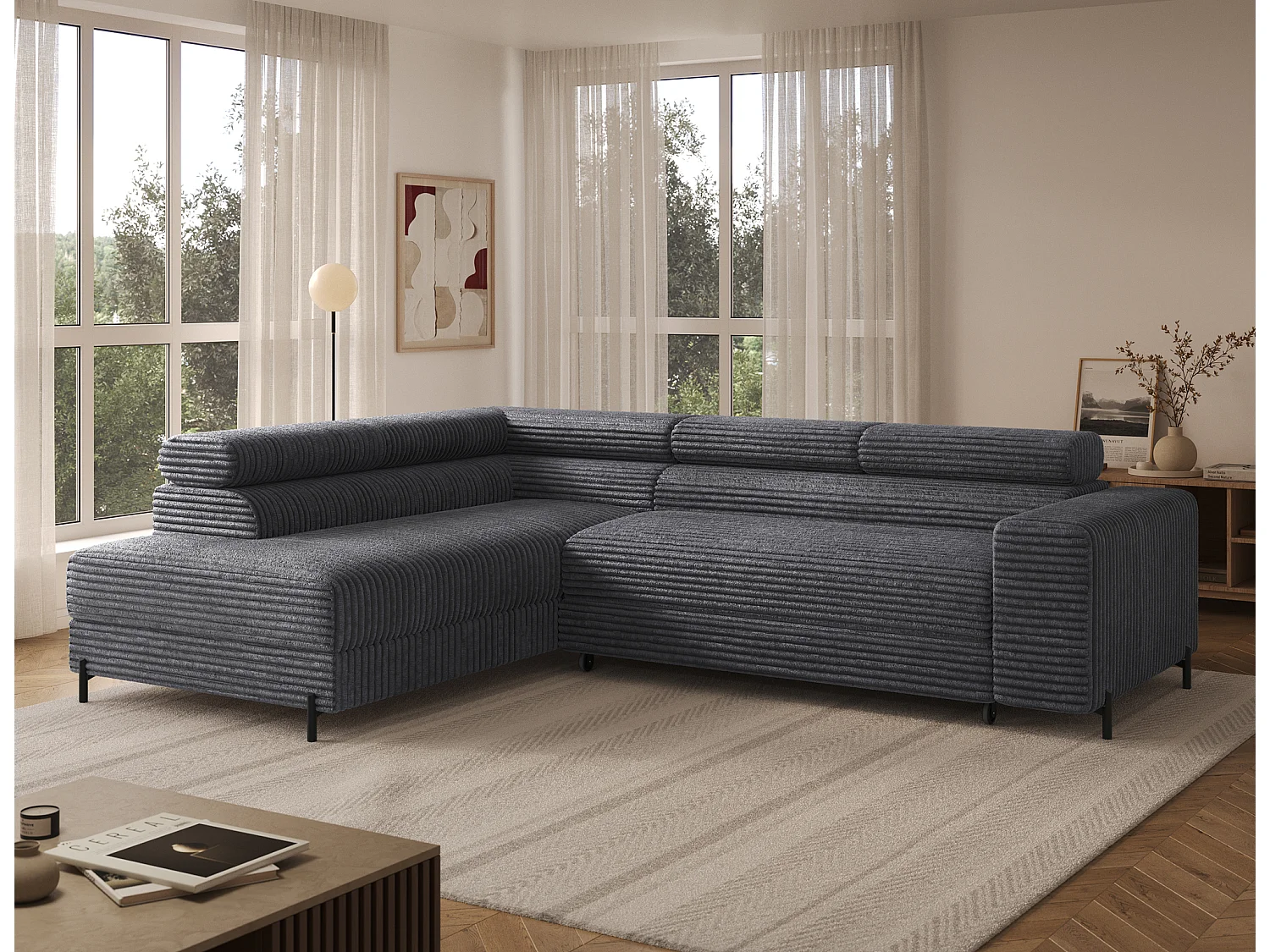 Canapé d’angle convertible KOLEZO en tissu côtelé avec coffre et têtières réglables – 274cm-Gris-angle gauche
