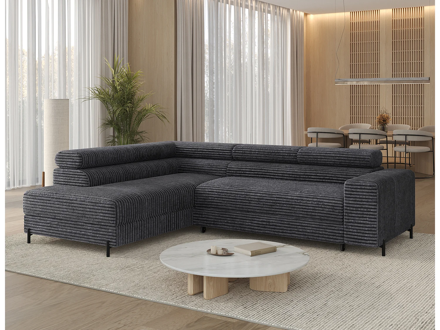 Canapé d’angle convertible KOLEZO en tissu côtelé avec coffre et têtières réglables – 274cm-Gris-angle gauche