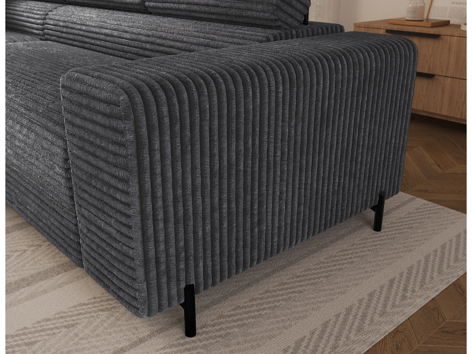 Canapé d’angle convertible KOLEZO en tissu côtelé avec coffre et têtières réglables – 274cm-Gris-angle gauche