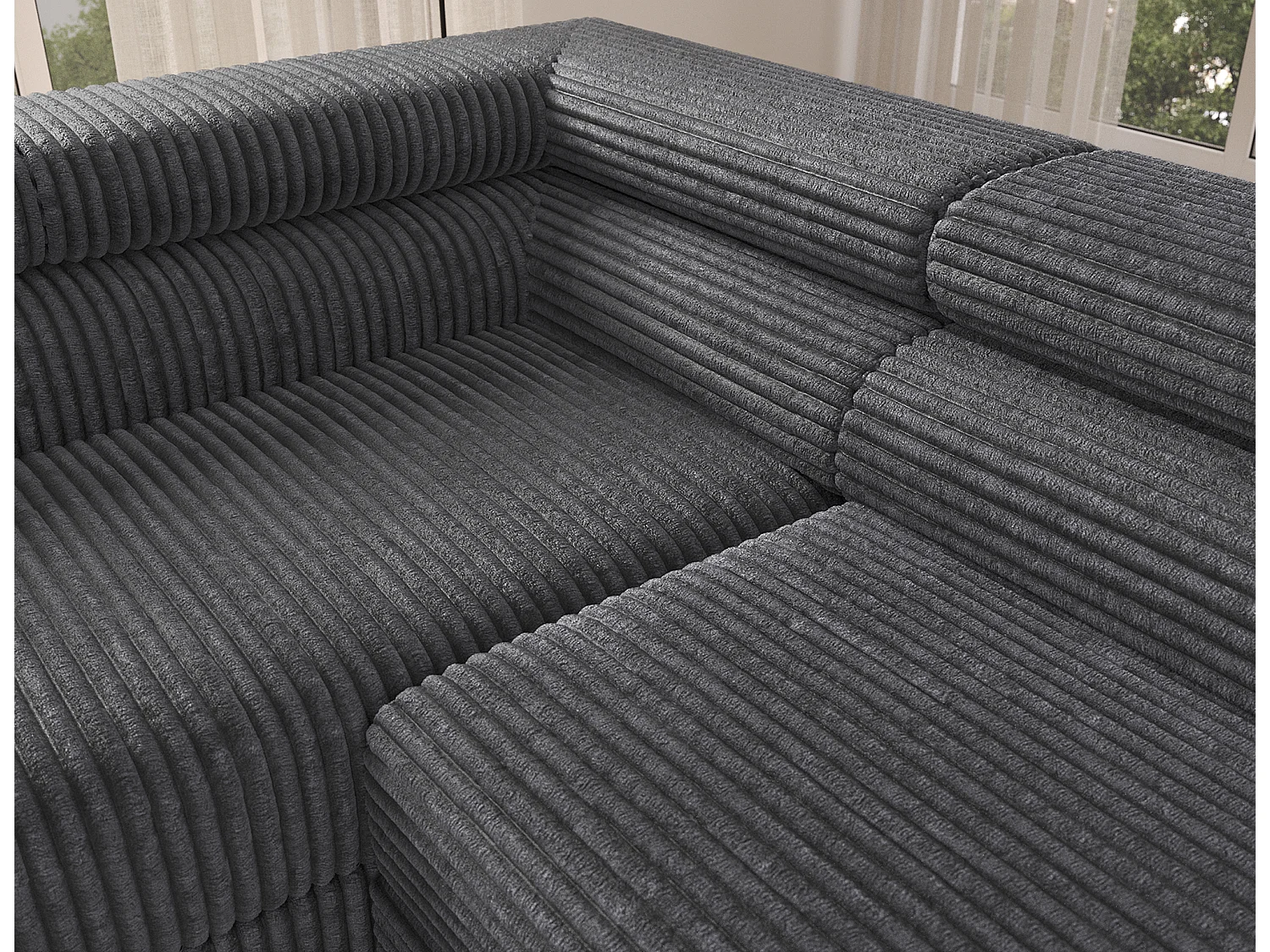 Canapé d’angle convertible KOLEZO en tissu côtelé avec coffre et têtières réglables – 274cm-Gris-angle gauche