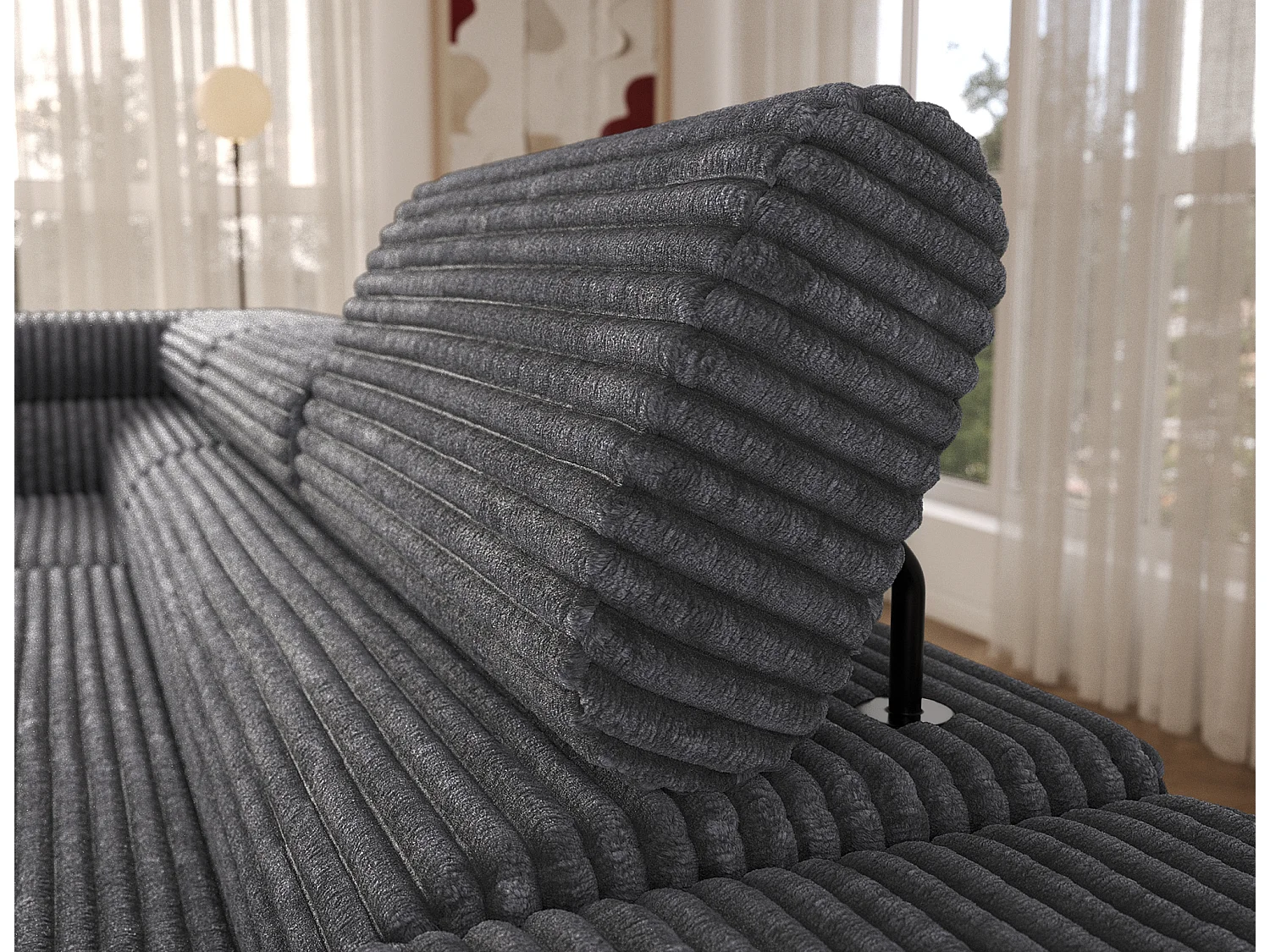 Canapé d’angle convertible KOLEZO en tissu côtelé avec coffre et têtières réglables – 274cm-Gris-angle gauche