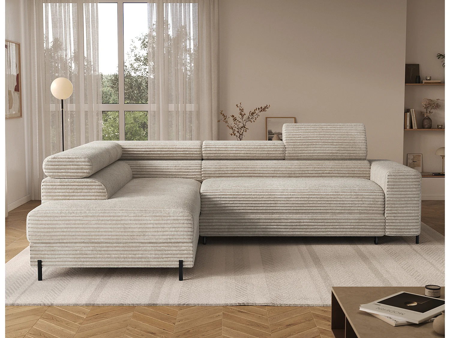 Canapé d’angle convertible KOLEZO en tissu côtelé avec coffre et têtières réglables – 274cm-Beige-angle gauche