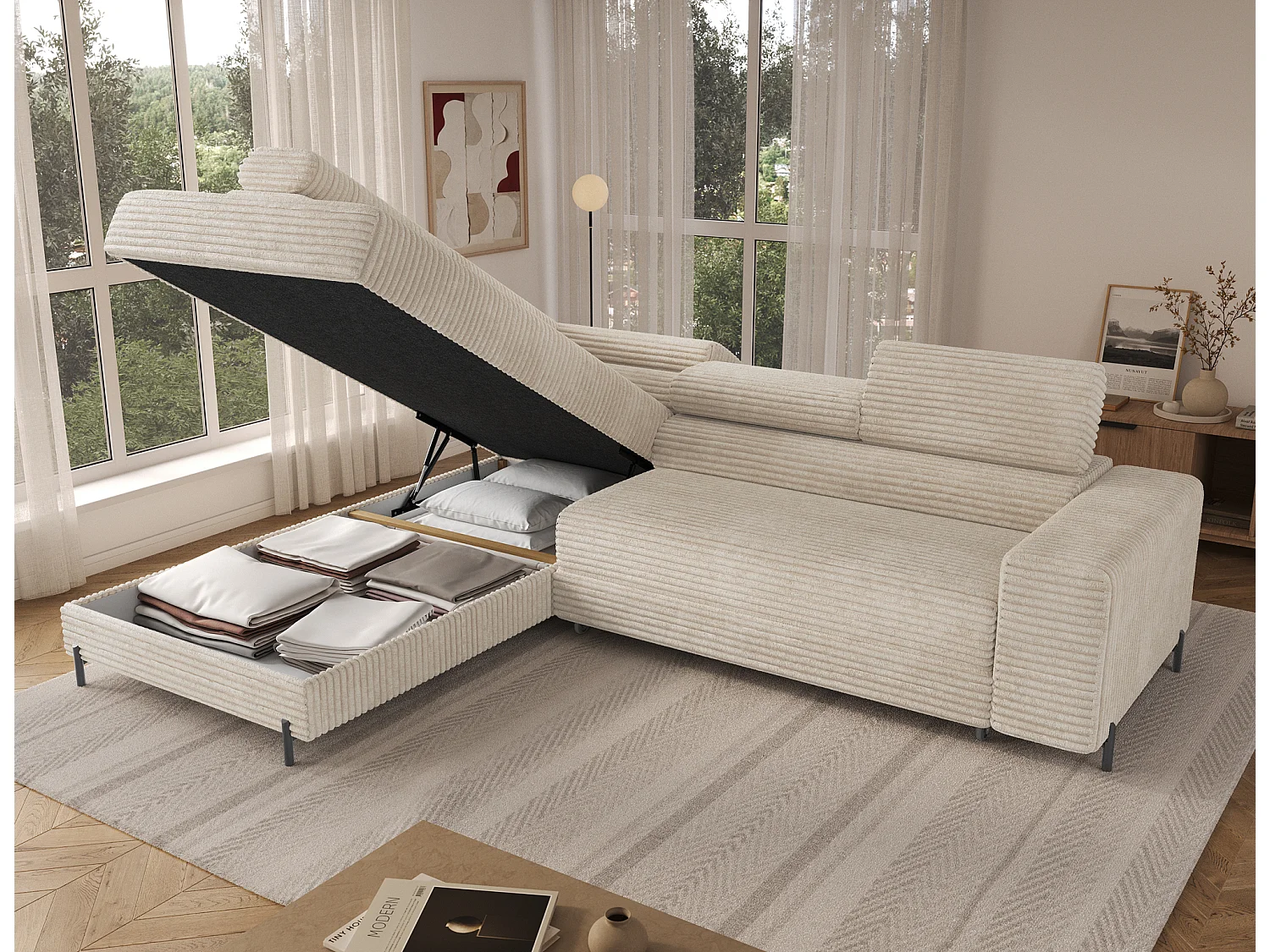 Canapé d’angle convertible KOLEZO en tissu côtelé avec coffre et têtières réglables – 274cm-Beige-angle gauche