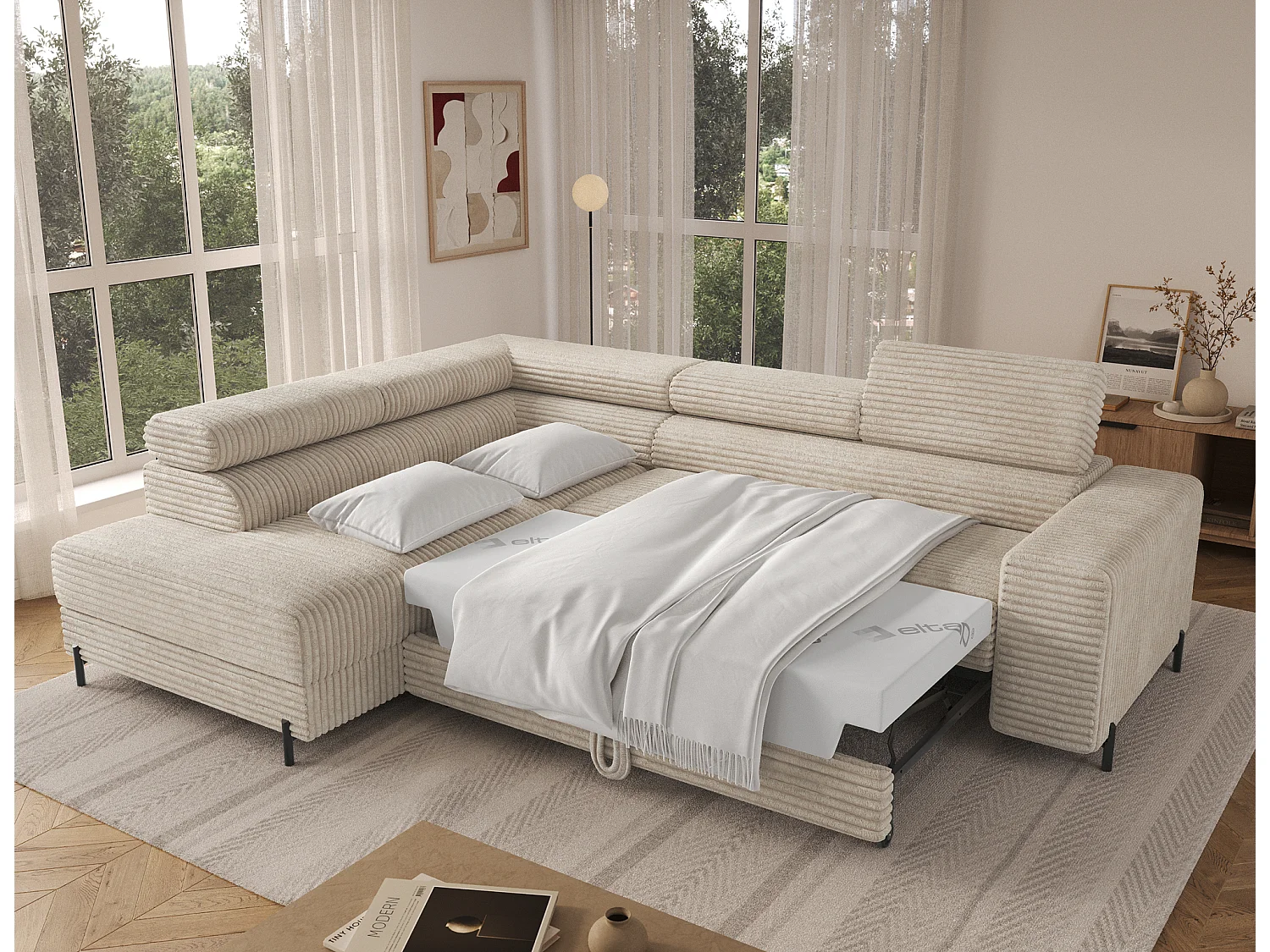 Canapé d’angle convertible KOLEZO en tissu côtelé avec coffre et têtières réglables – 274cm-Beige-angle gauche