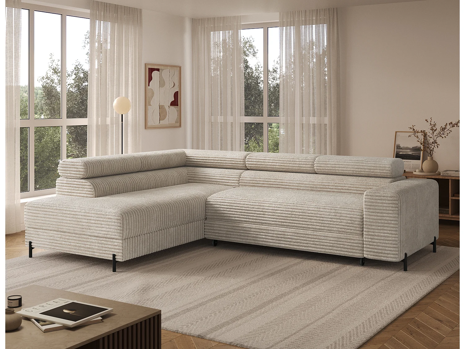 Canapé d’angle convertible KOLEZO en tissu côtelé avec coffre et têtières réglables – 274cm-Beige-angle gauche