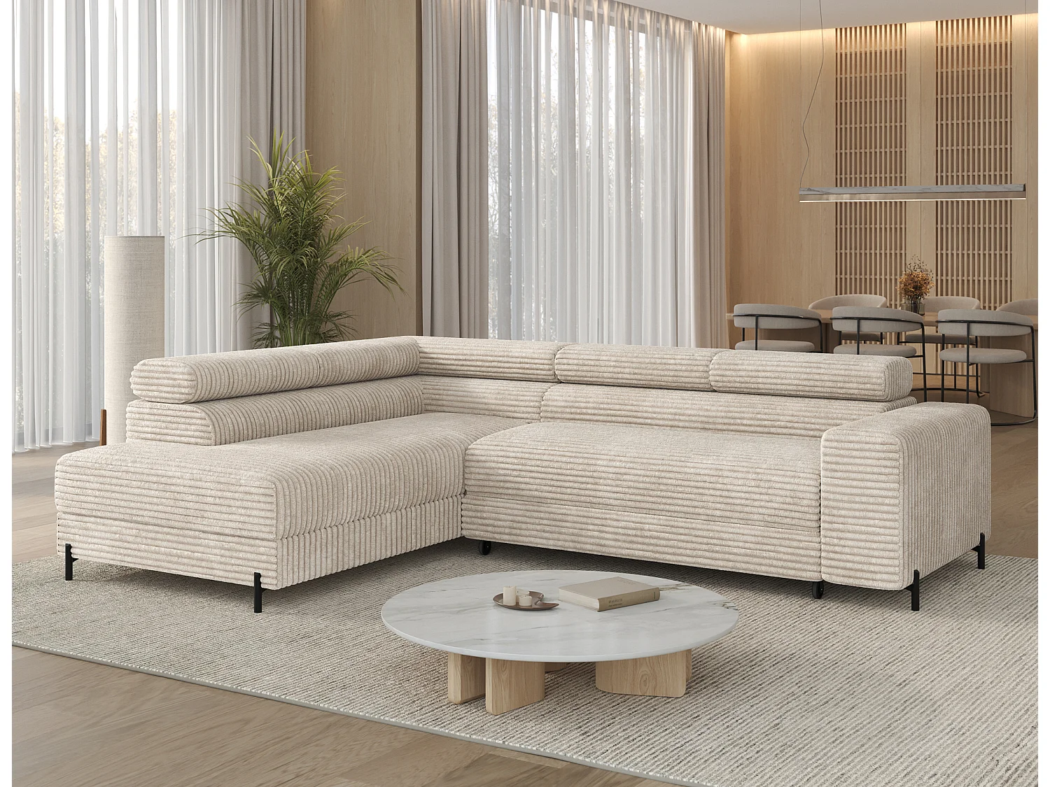 Canapé d’angle convertible KOLEZO en tissu côtelé avec coffre et têtières réglables – 274cm-Beige-angle gauche