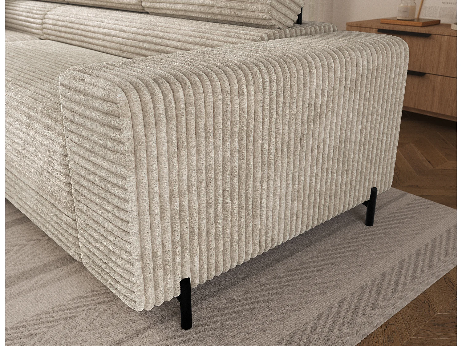 Canapé d’angle convertible KOLEZO en tissu côtelé avec coffre et têtières réglables – 274cm-Beige-angle gauche