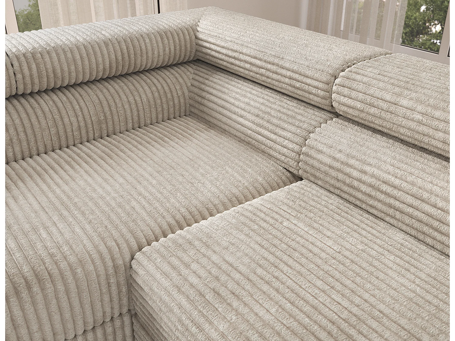 Canapé d’angle convertible KOLEZO en tissu côtelé avec coffre et têtières réglables – 274cm-Beige-angle gauche