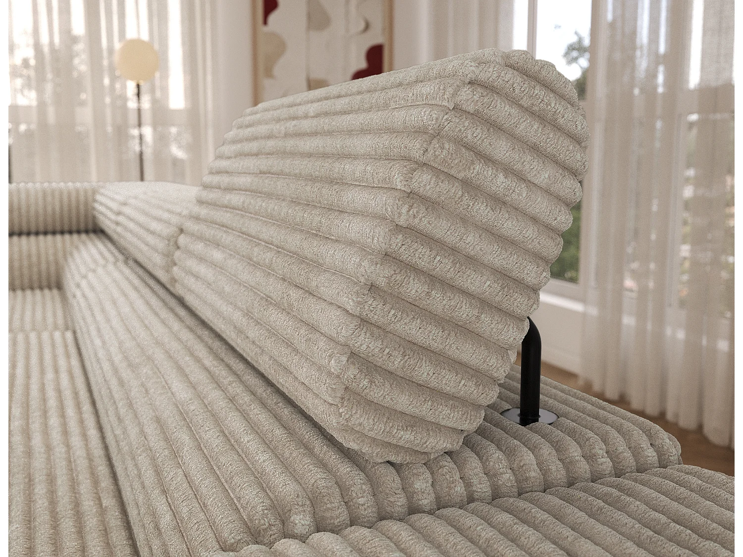 Canapé d’angle convertible KOLEZO en tissu côtelé avec coffre et têtières réglables – 274cm-Beige-angle gauche