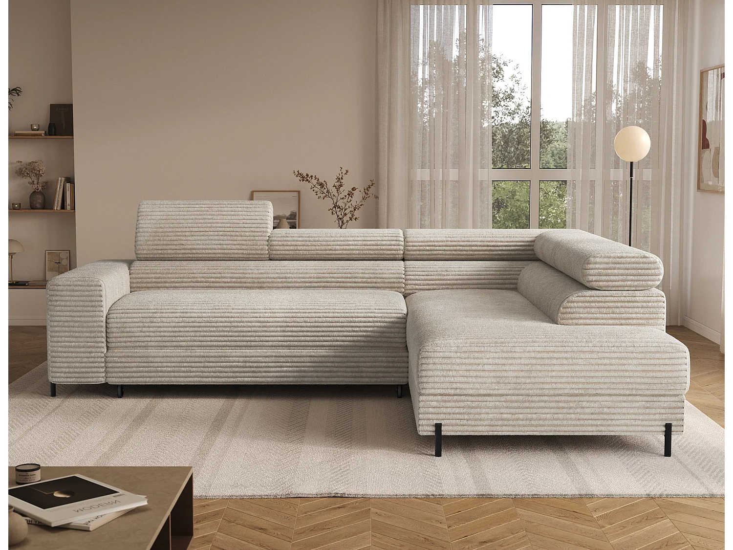 Canapé d’angle convertible KOLEZO en tissu côtelé avec coffre et têtières réglables – 274cm-Beige-angle droit