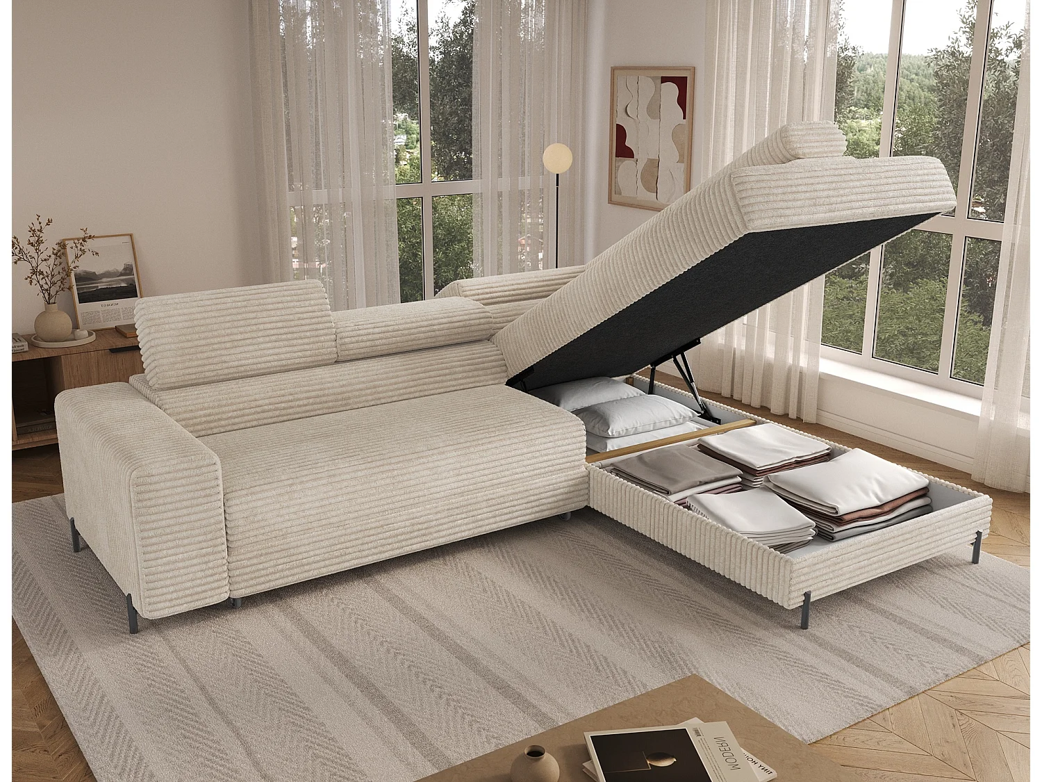 Canapé d’angle convertible KOLEZO en tissu côtelé avec coffre et têtières réglables – 274cm-Beige-angle droit