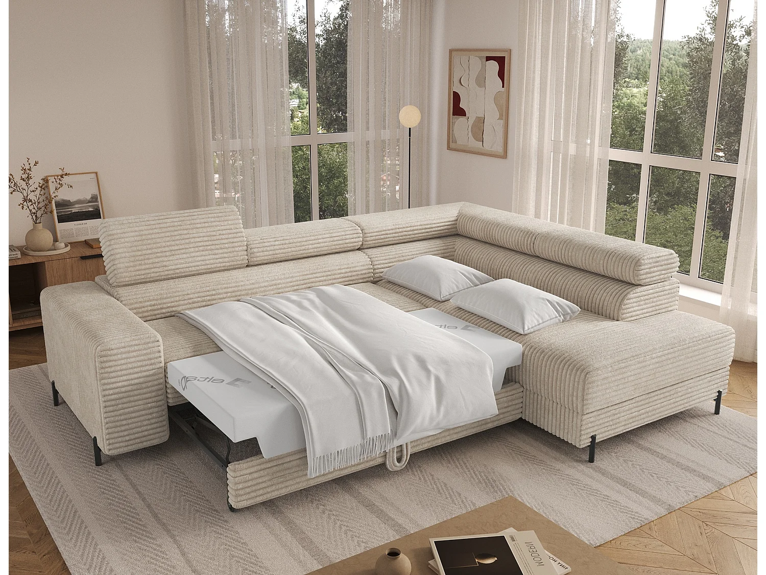 Canapé d’angle convertible KOLEZO en tissu côtelé avec coffre et têtières réglables – 274cm-Beige-angle droit