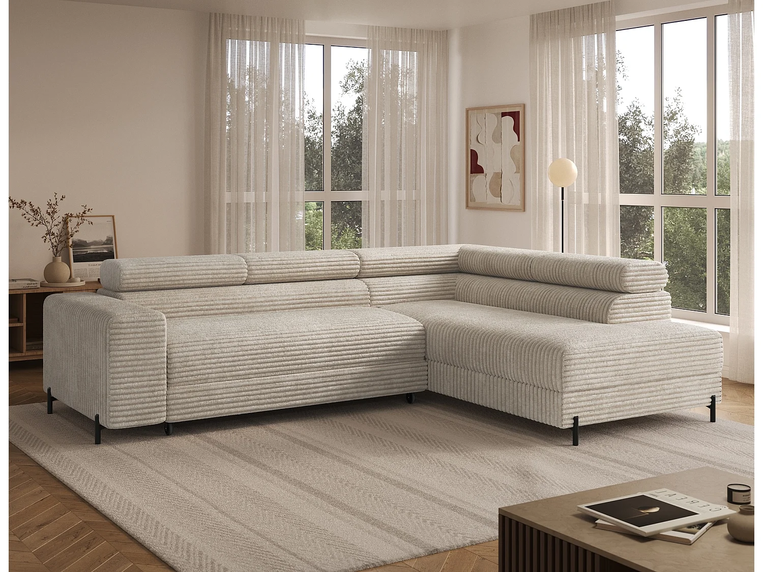 Canapé d’angle convertible KOLEZO en tissu côtelé avec coffre et têtières réglables – 274cm-Beige-angle droit