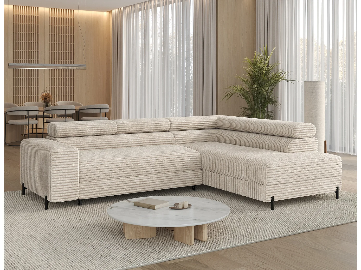 Canapé d’angle convertible KOLEZO en tissu côtelé avec coffre et têtières réglables – 274cm-Beige-angle droit