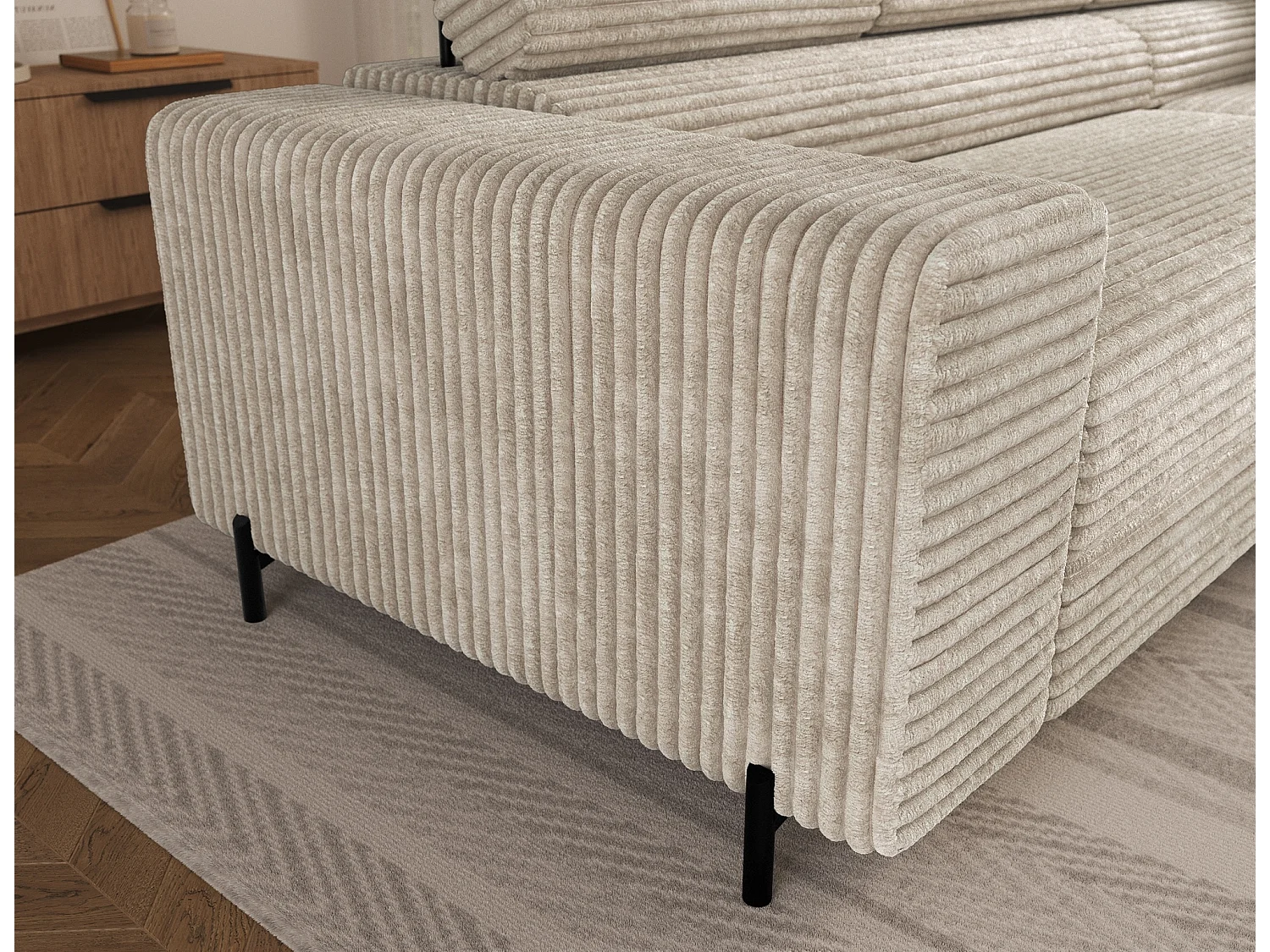 Canapé d’angle convertible KOLEZO en tissu côtelé avec coffre et têtières réglables – 274cm-Beige-angle droit