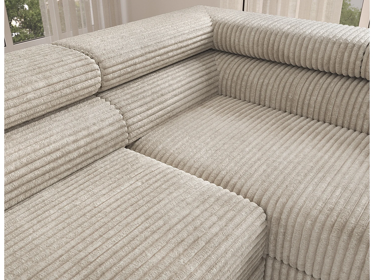 Canapé d’angle convertible KOLEZO en tissu côtelé avec coffre et têtières réglables – 274cm-Beige-angle droit