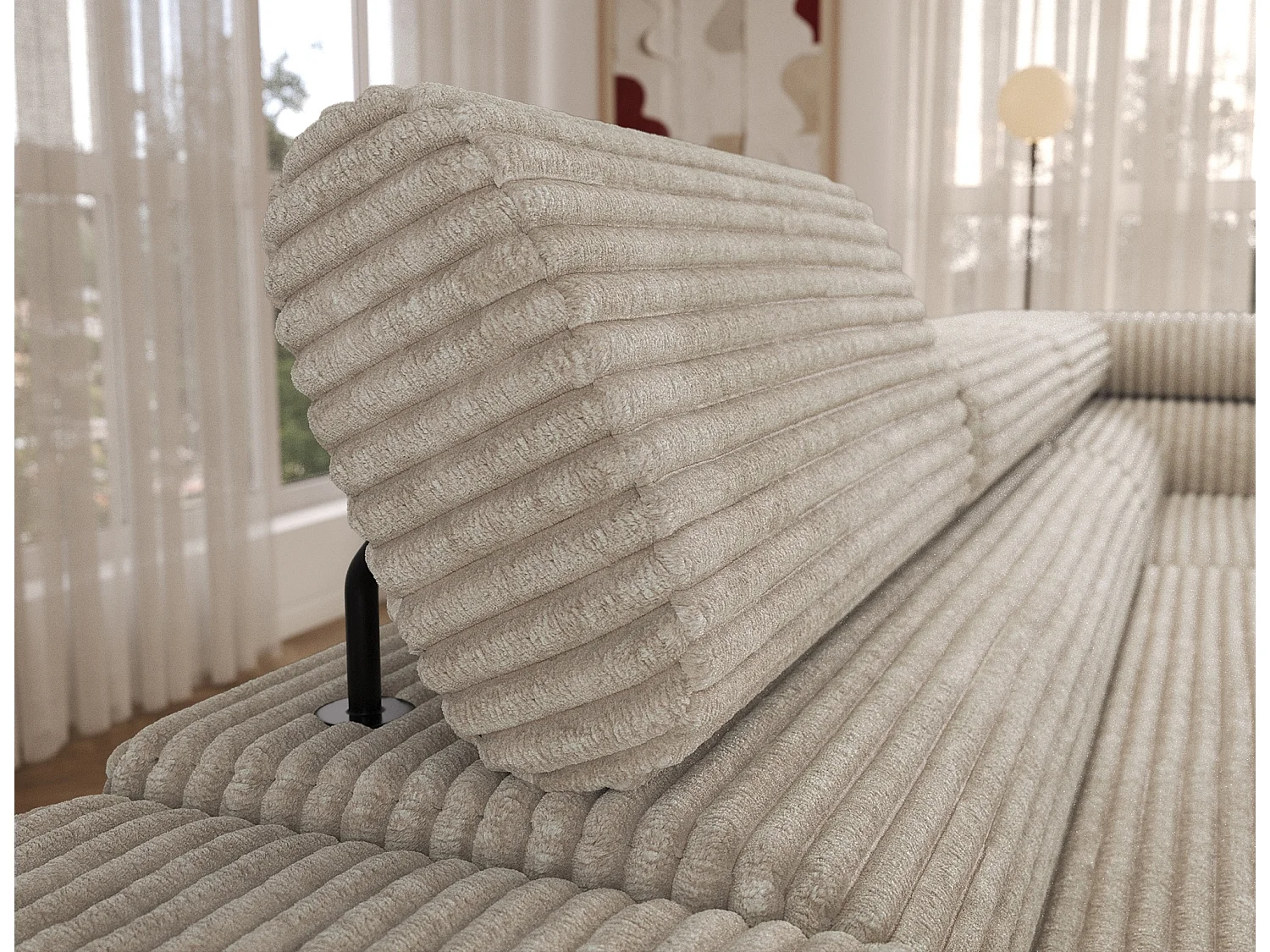 Canapé d’angle convertible KOLEZO en tissu côtelé avec coffre et têtières réglables – 274cm-Beige-angle droit