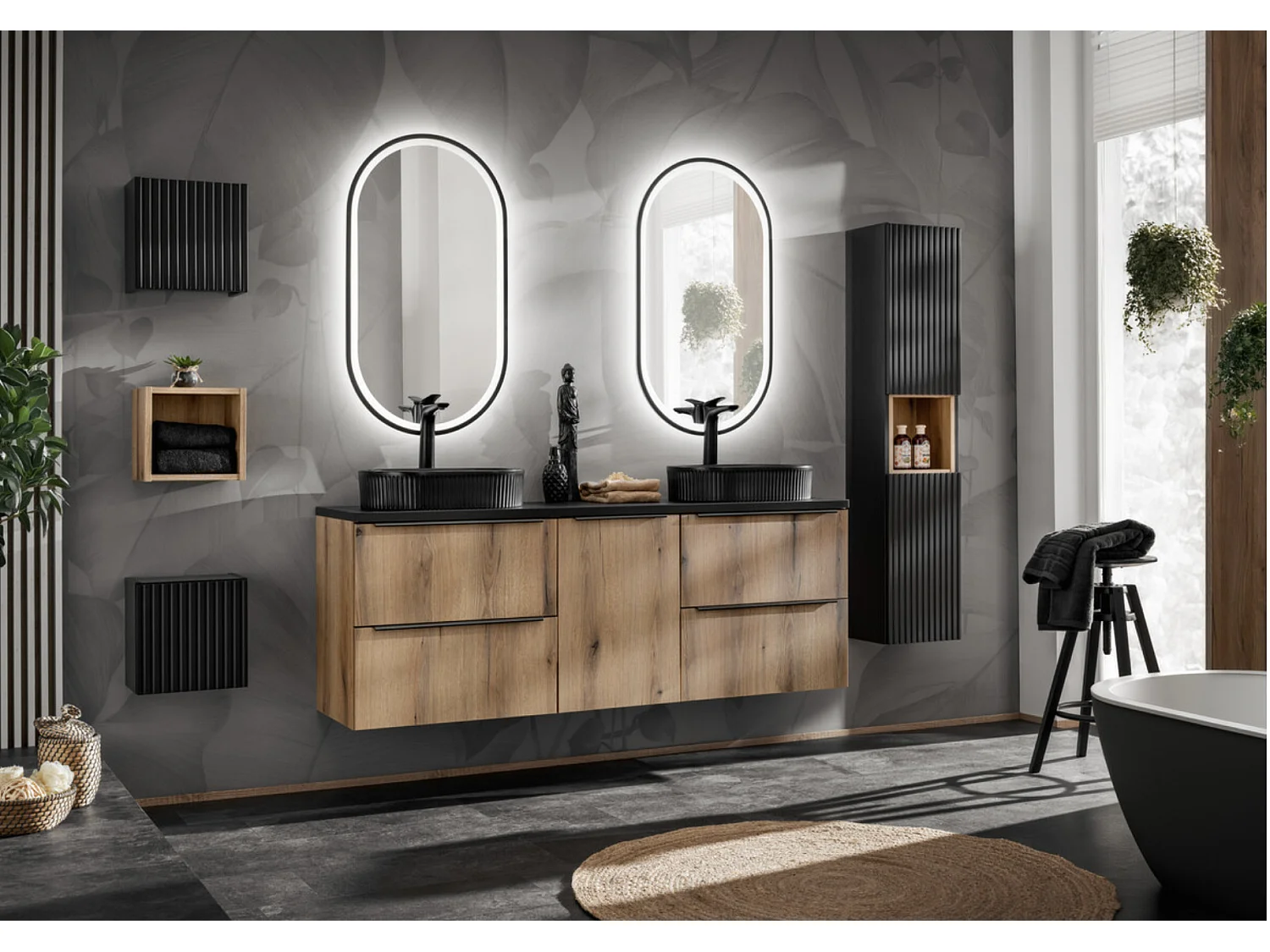 Meuble sous-vasque suspendu 2 portes avec plan NOVA OAK – Naturel et rangement pratique-Naturel/Noir-Largeur 50 cm