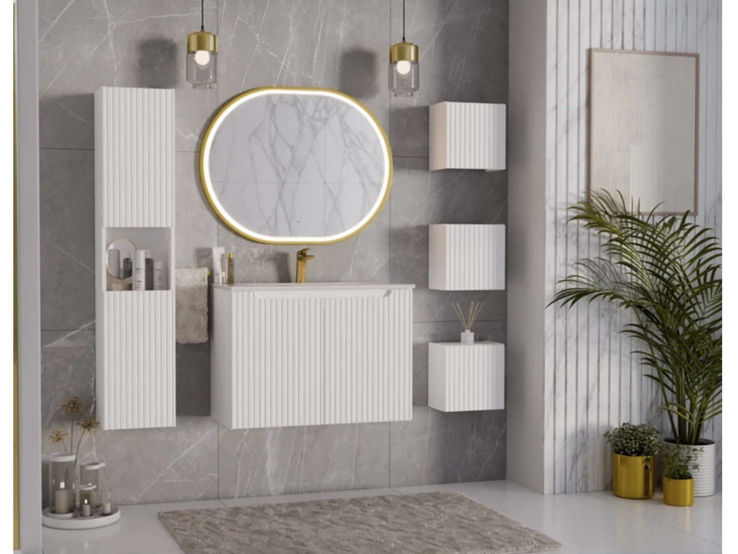 Meuble sous vasque suspendu 2 portes avec plan NOVA-Blanc-Plateau Naturel-Largeur 80 cm