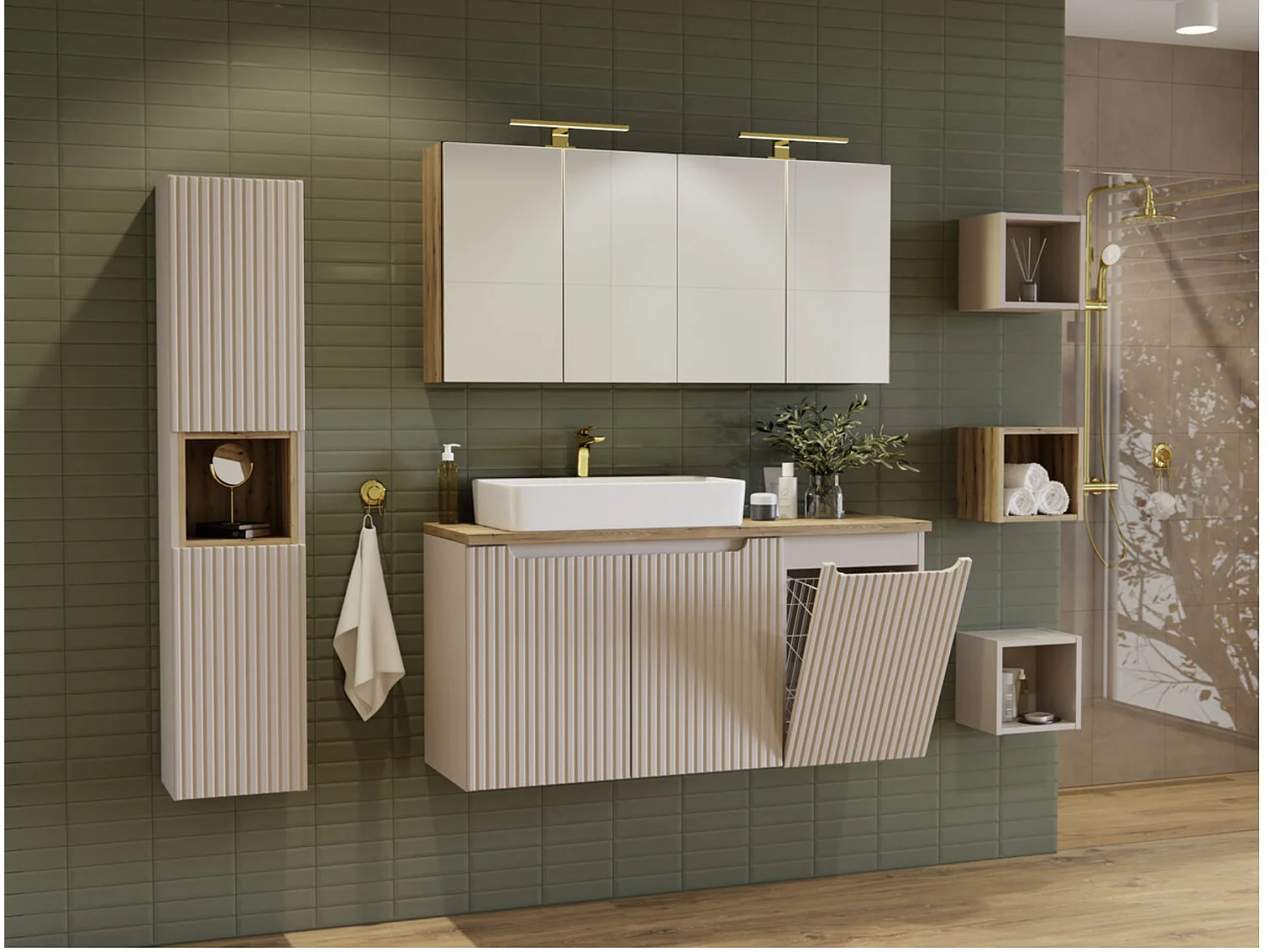 Meuble sous vasque suspendu 2 portes avec plan NOVA-Taupe-Plateau Naturel-Largeur 50 cm