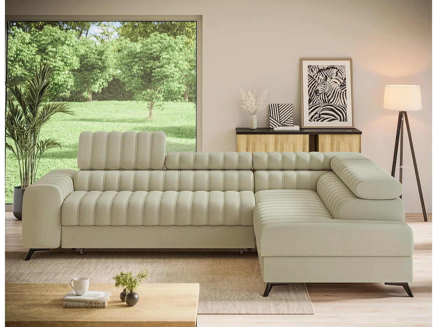 Canapé d’angle convertible KANDO en tissu texturé – 269cm-Beige clair-angle droit