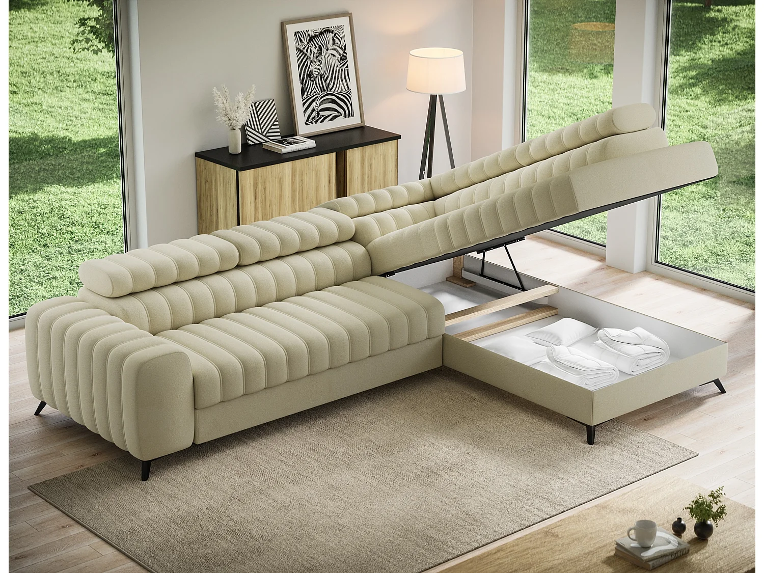 Canapé d’angle convertible KANDO en tissu texturé – 269cm-Beige clair-angle droit