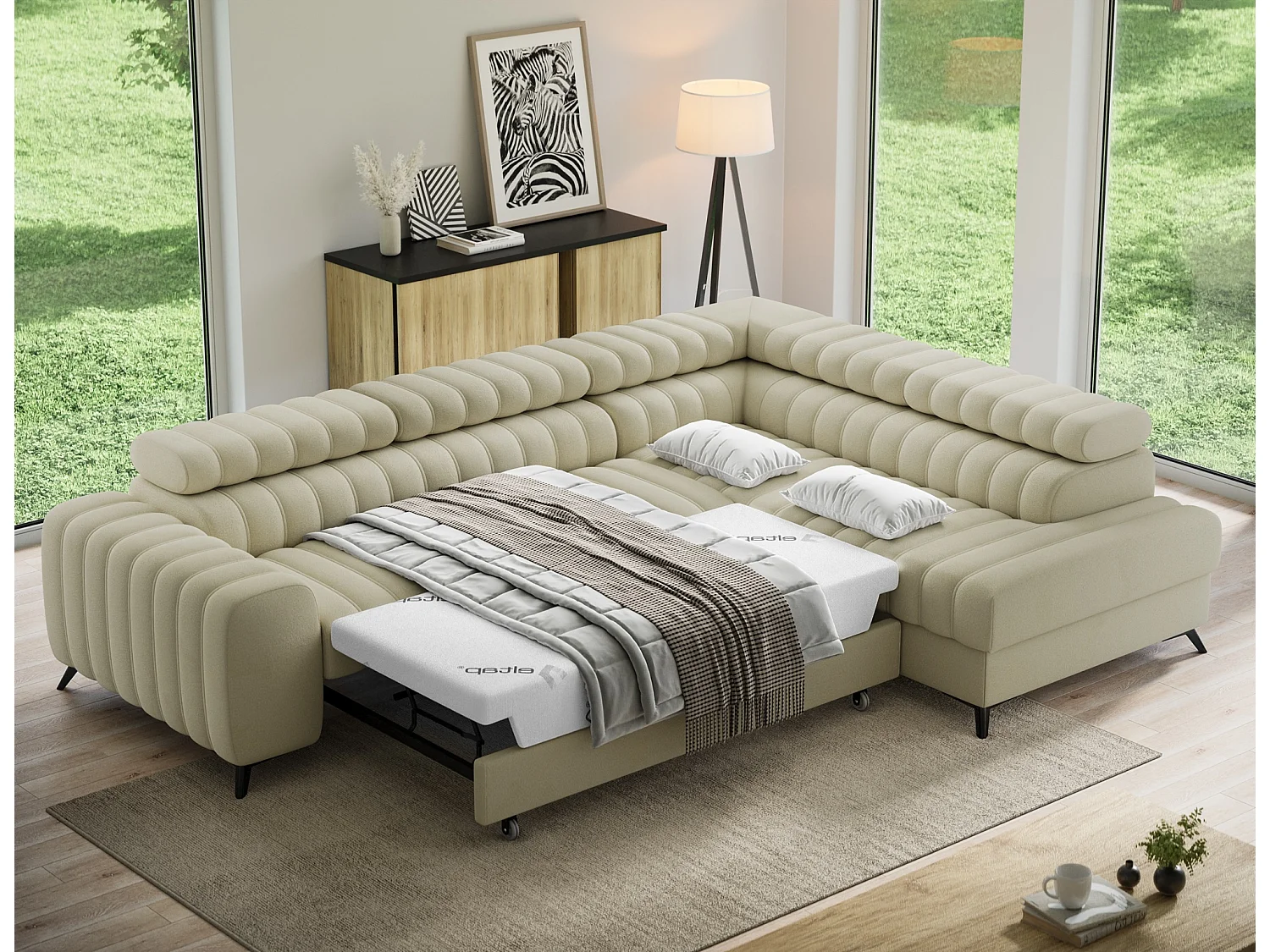 Canapé d’angle convertible KANDO en tissu texturé – 269cm-Beige clair-angle droit