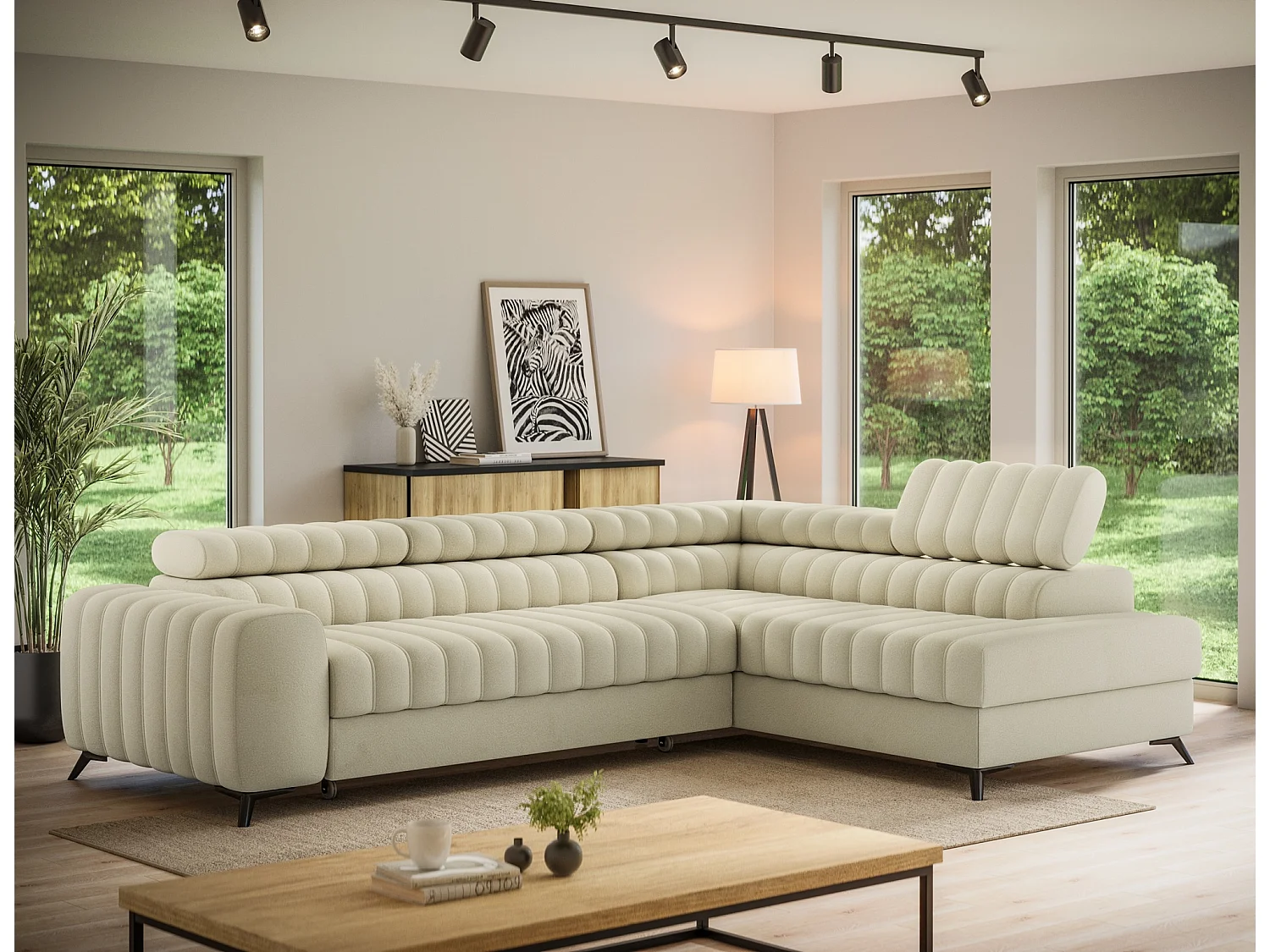 Canapé d’angle convertible KANDO en tissu texturé – 269cm-Beige clair-angle droit