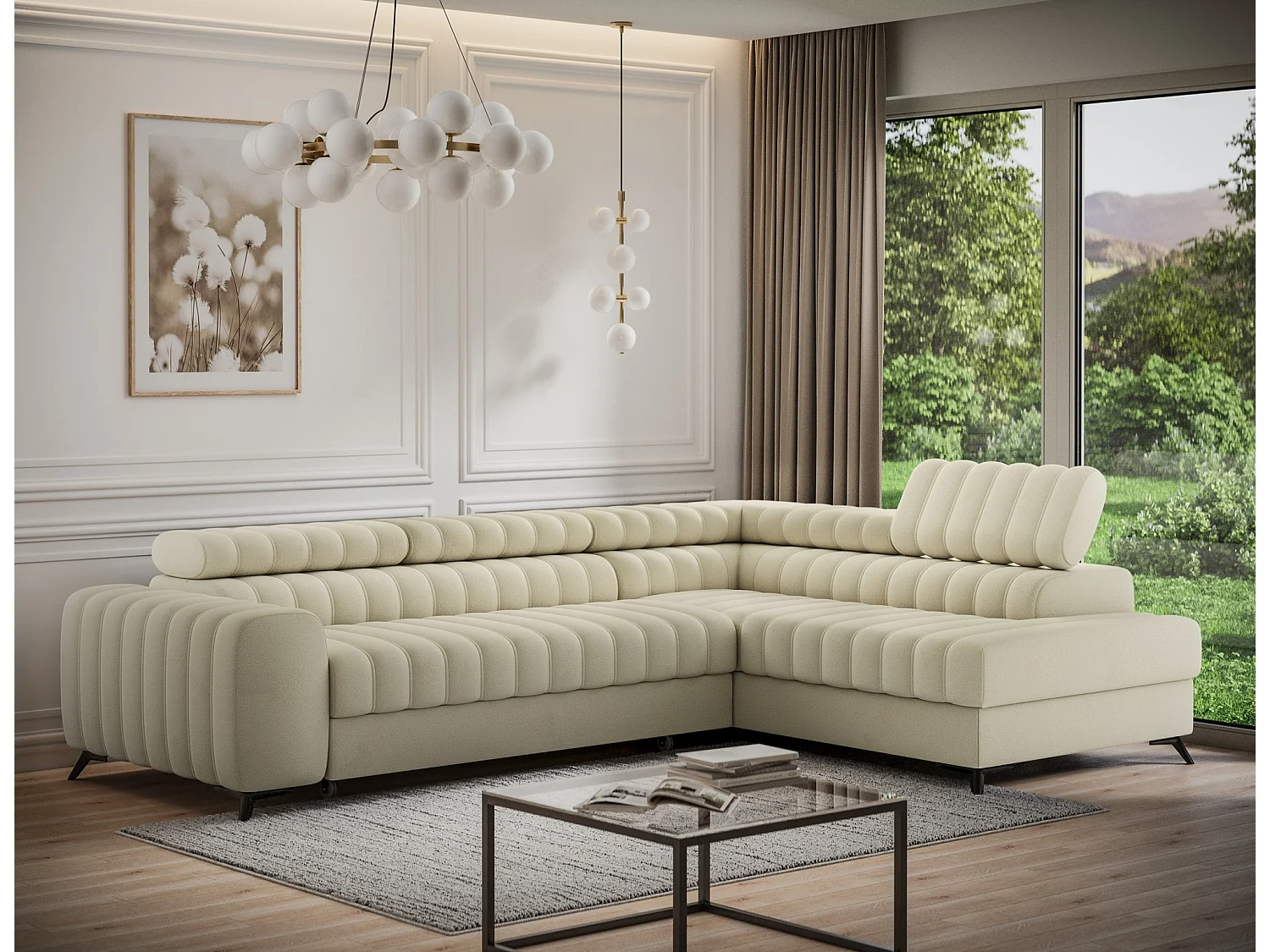 Canapé d’angle convertible KANDO en tissu texturé – 269cm-Beige clair-angle droit