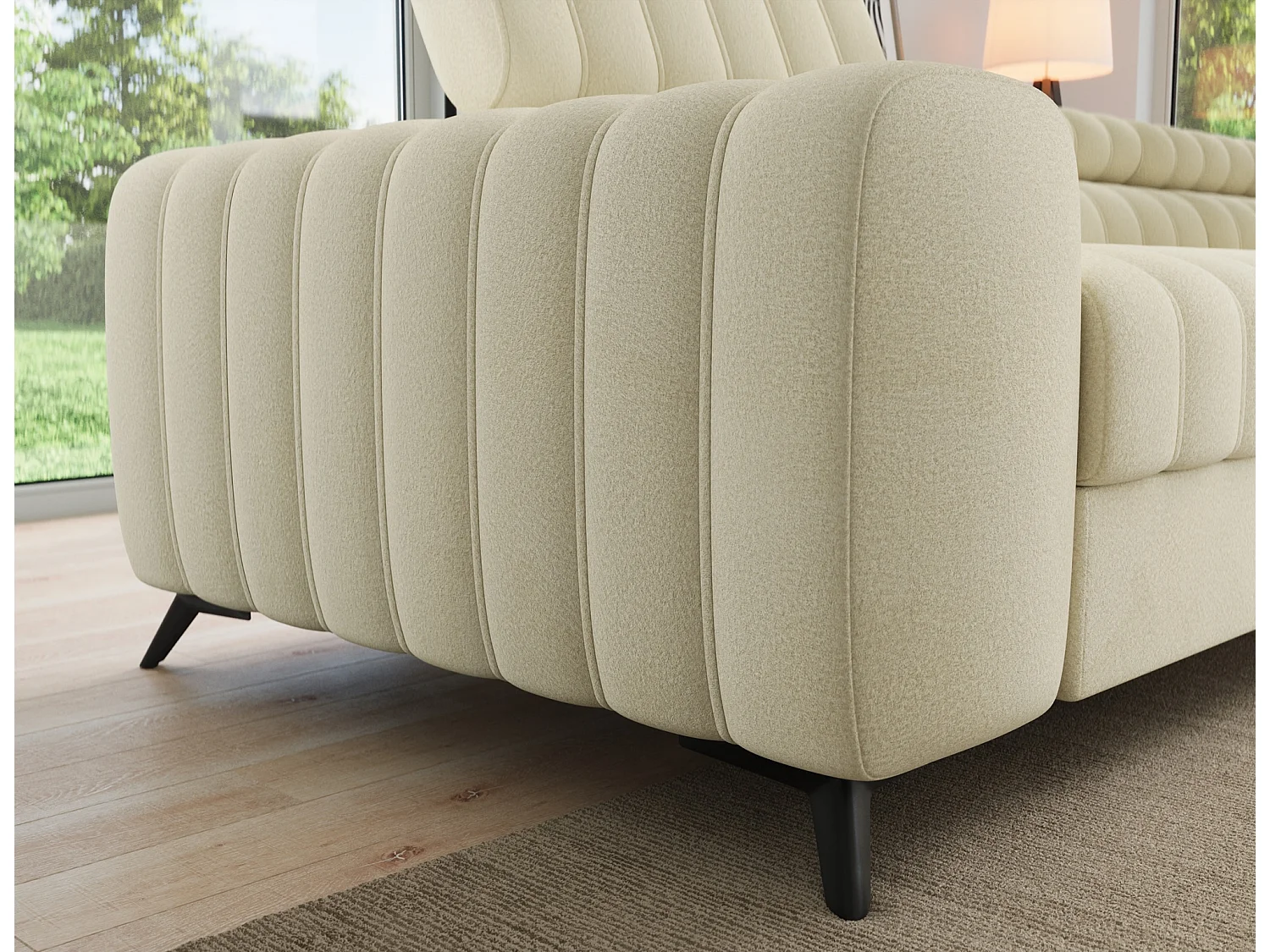 Canapé d’angle convertible KANDO en tissu texturé – 269cm-Beige clair-angle droit