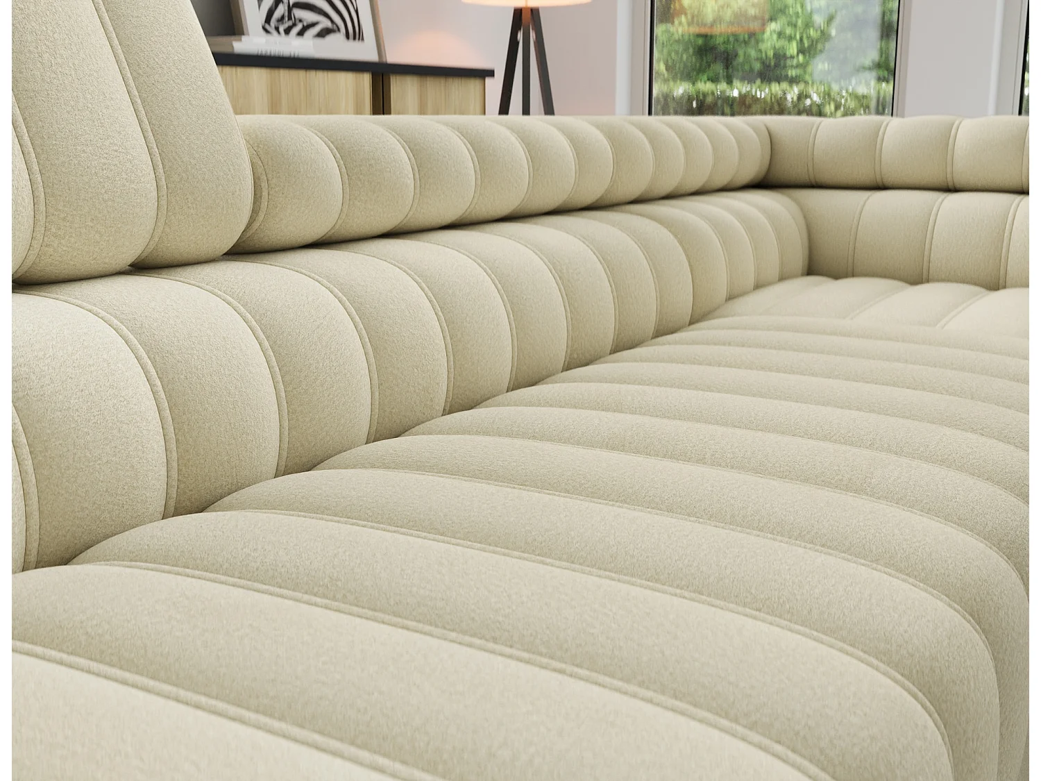 Canapé d’angle convertible KANDO en tissu texturé – 269cm-Beige clair-angle droit