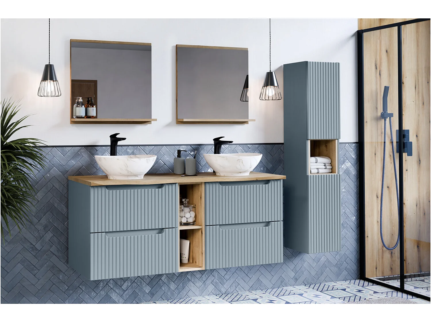 Mueble de baño suspendido NOVA Denim de 140 cm: elegancia contemporánea y almacenamiento inteligente.