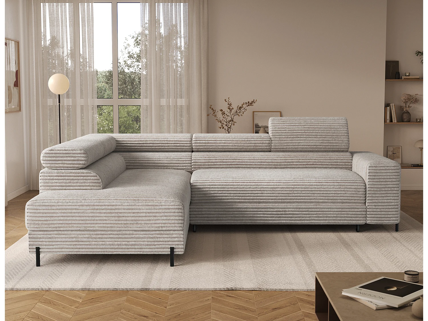 Canapé d’angle convertible KOLEZO en tissu côtelé avec coffre et têtières réglables – 274cm-Blanc brillant-angle gauche