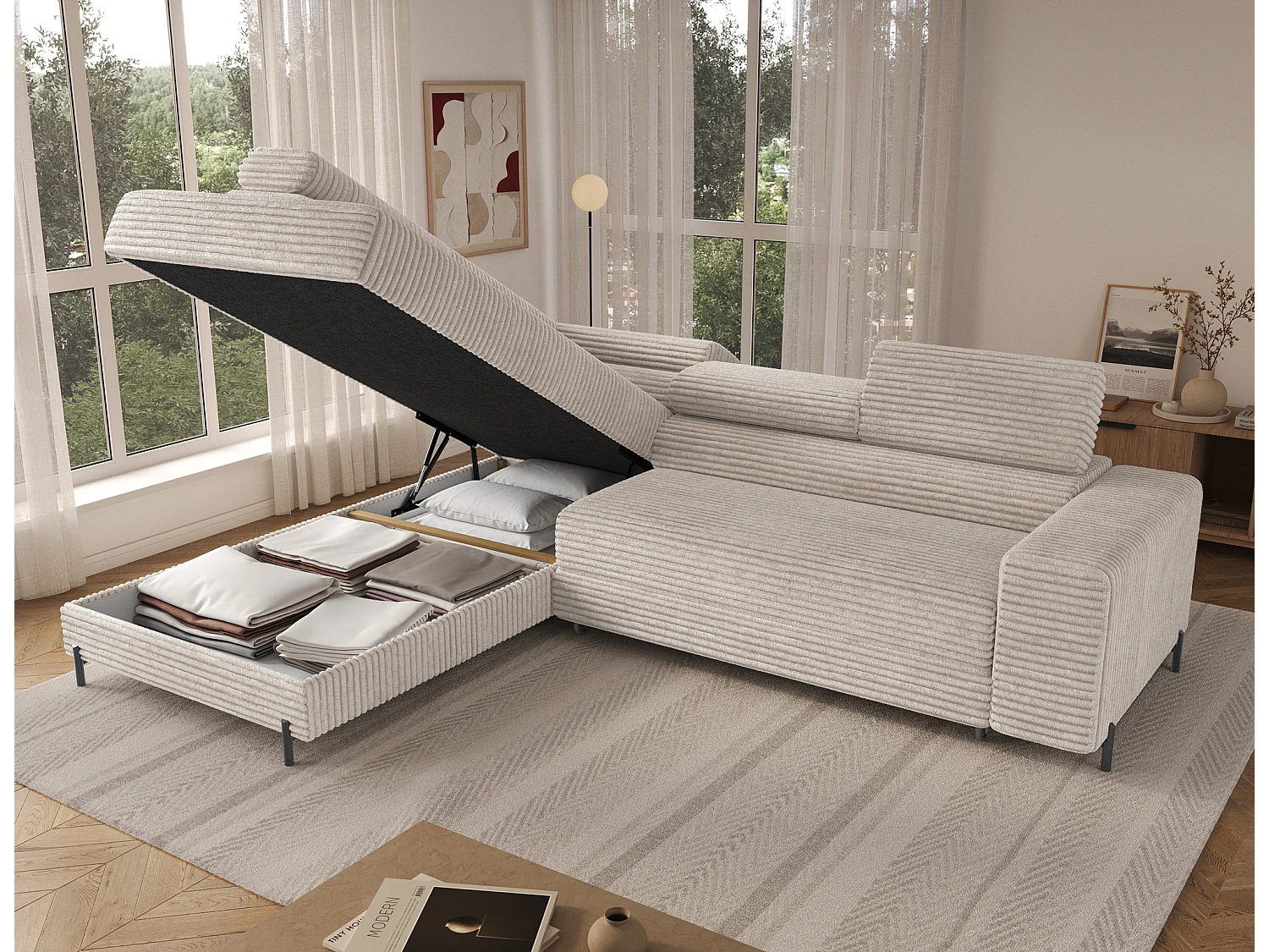 Canapé d’angle convertible KOLEZO en tissu côtelé avec coffre et têtières réglables – 274cm-Blanc brillant-angle gauche