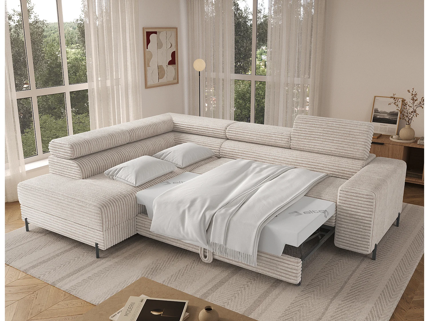 Canapé d’angle convertible KOLEZO en tissu côtelé avec coffre et têtières réglables – 274cm-Blanc brillant-angle gauche