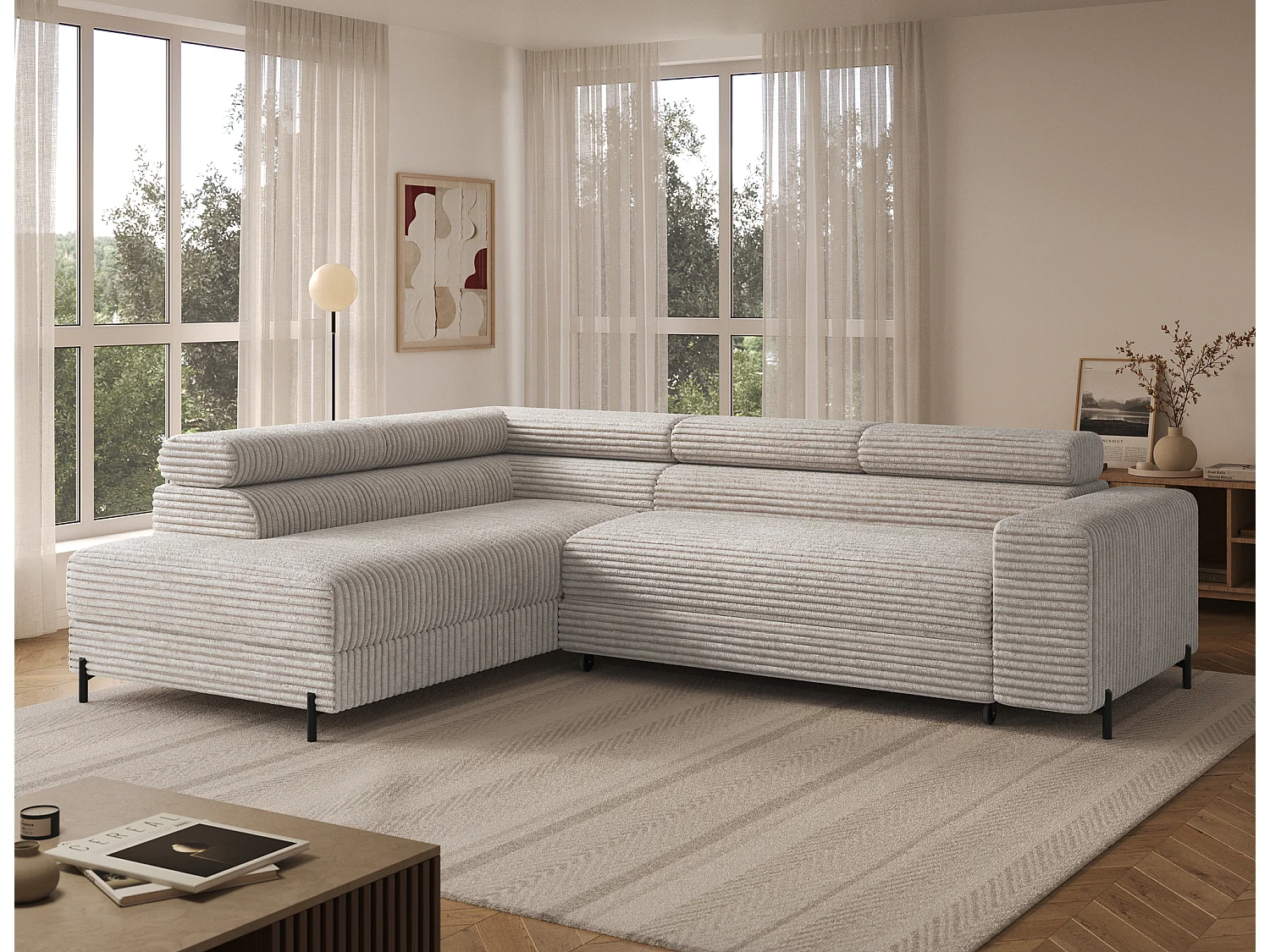 Canapé d’angle convertible KOLEZO en tissu côtelé avec coffre et têtières réglables – 274cm-Blanc brillant-angle gauche