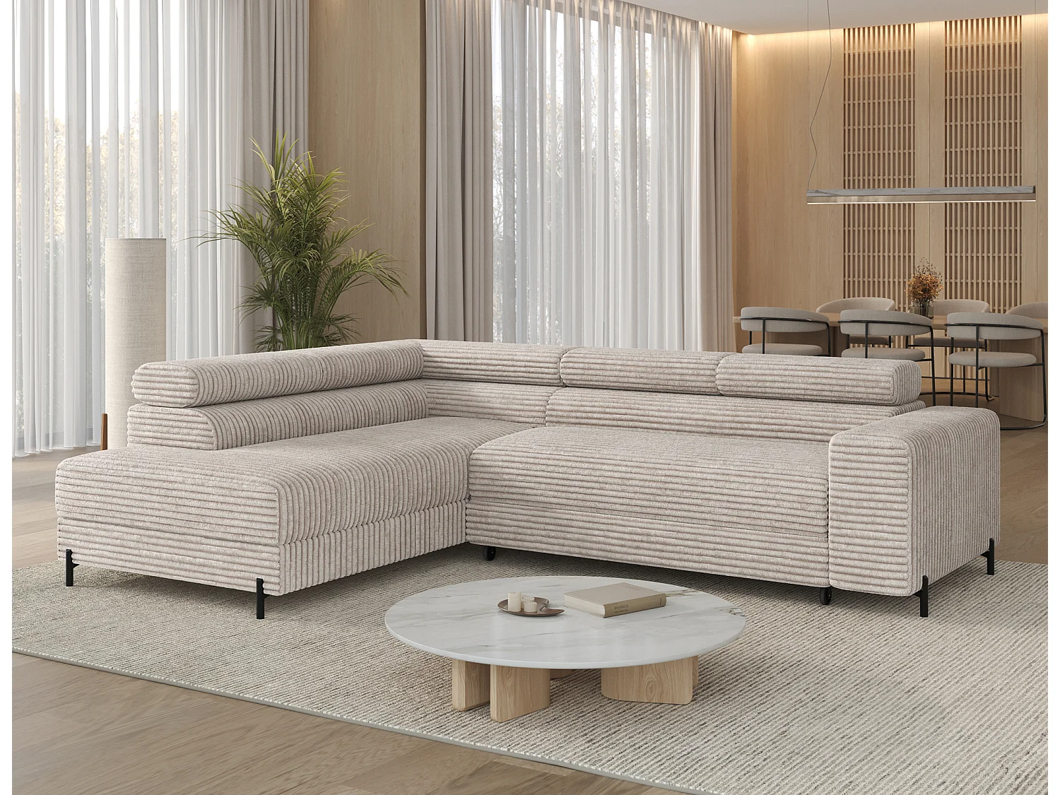 Canapé d’angle convertible KOLEZO en tissu côtelé avec coffre et têtières réglables – 274cm-Blanc brillant-angle gauche