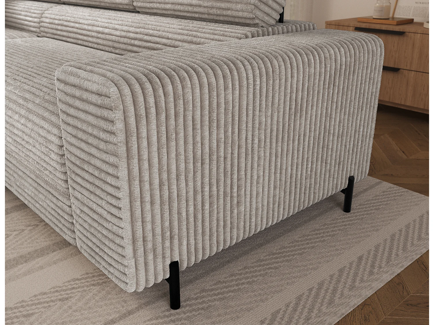 Canapé d’angle convertible KOLEZO en tissu côtelé avec coffre et têtières réglables – 274cm-Blanc brillant-angle gauche