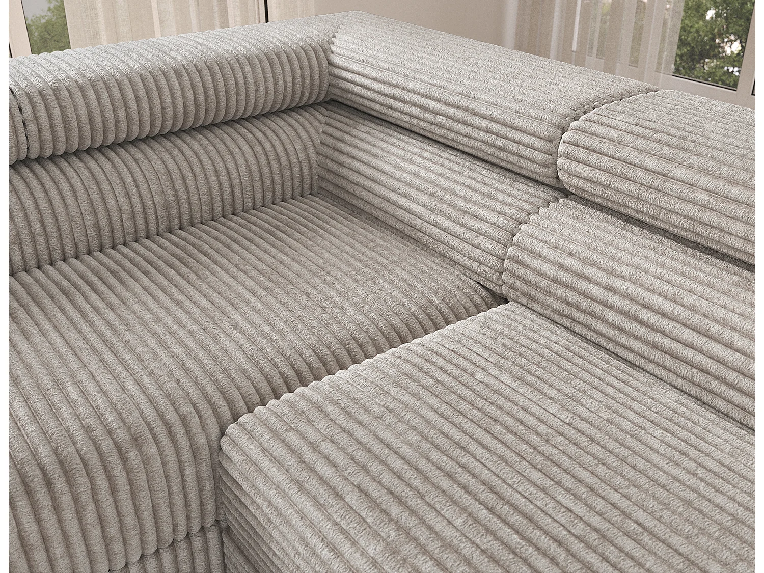 Canapé d’angle convertible KOLEZO en tissu côtelé avec coffre et têtières réglables – 274cm-Blanc brillant-angle gauche