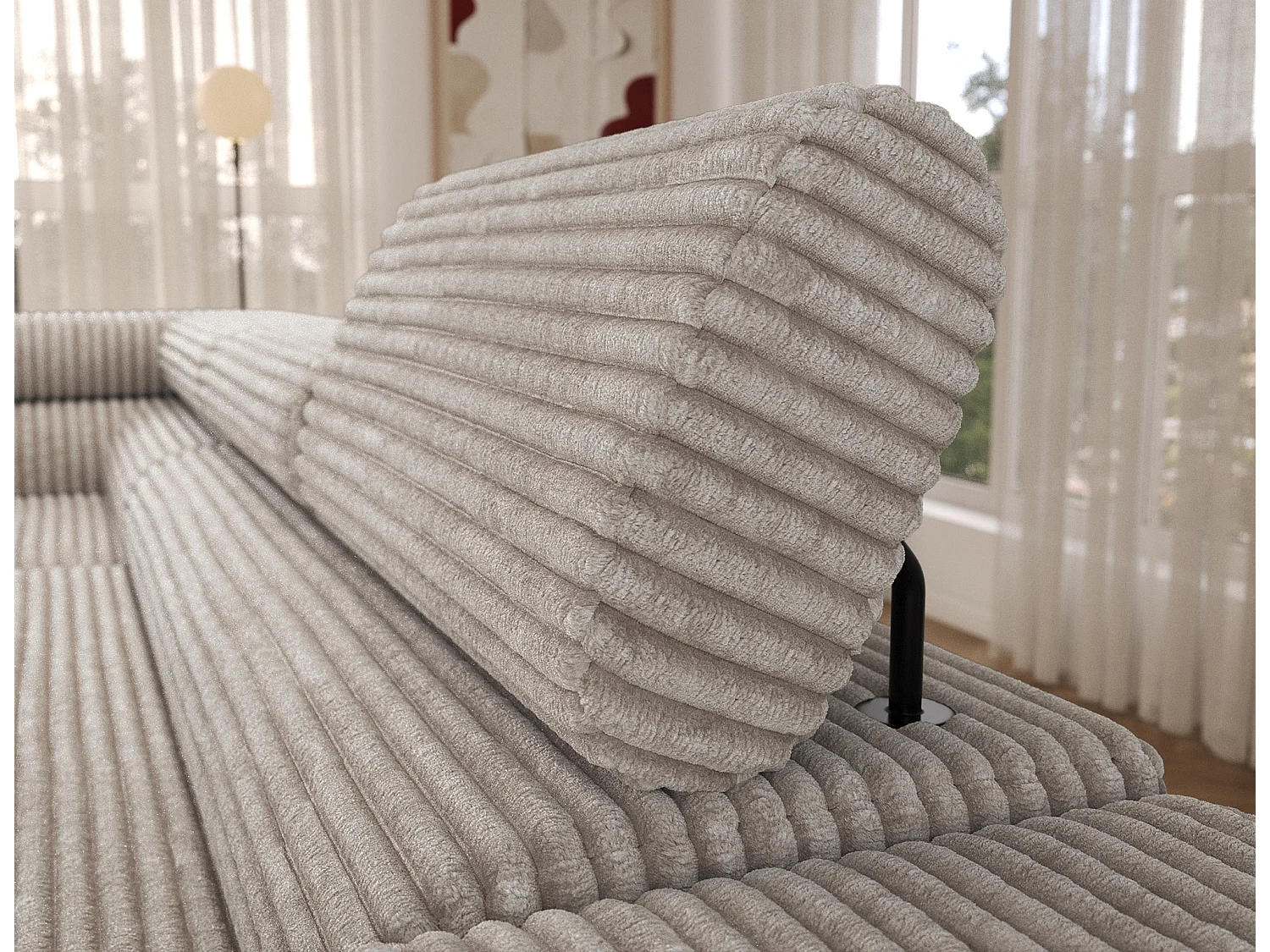 Canapé d’angle convertible KOLEZO en tissu côtelé avec coffre et têtières réglables – 274cm-Blanc brillant-angle gauche