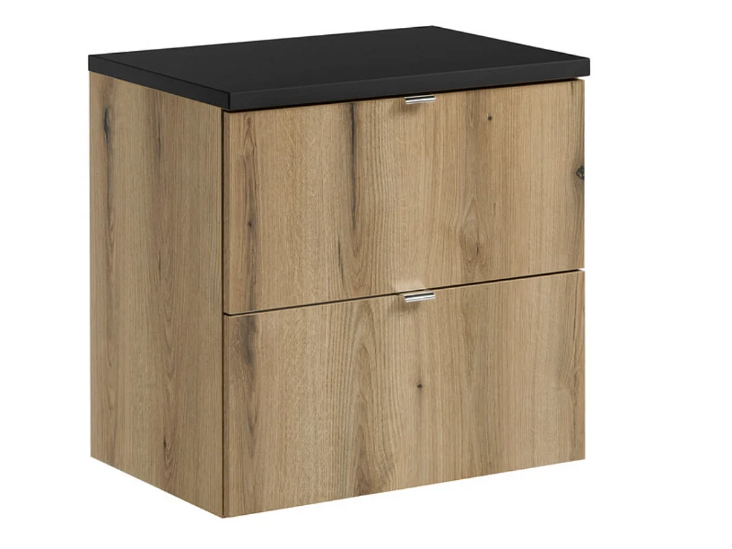 Meuble sous-vasque suspendu NOVA OAK 2 tiroirs avec plan de travail – Naturel et rangement pratique-Naturel/Noir-Largeur 60 cm