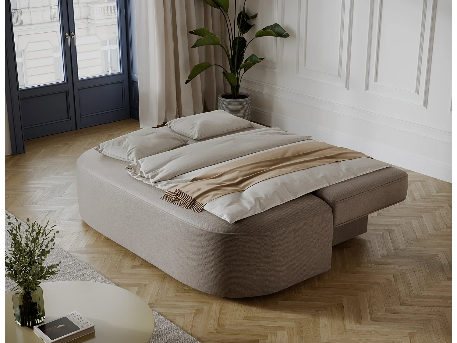Canapé convertible 2 places KOURA tissu doux avec coffre – 193cm-Taupe