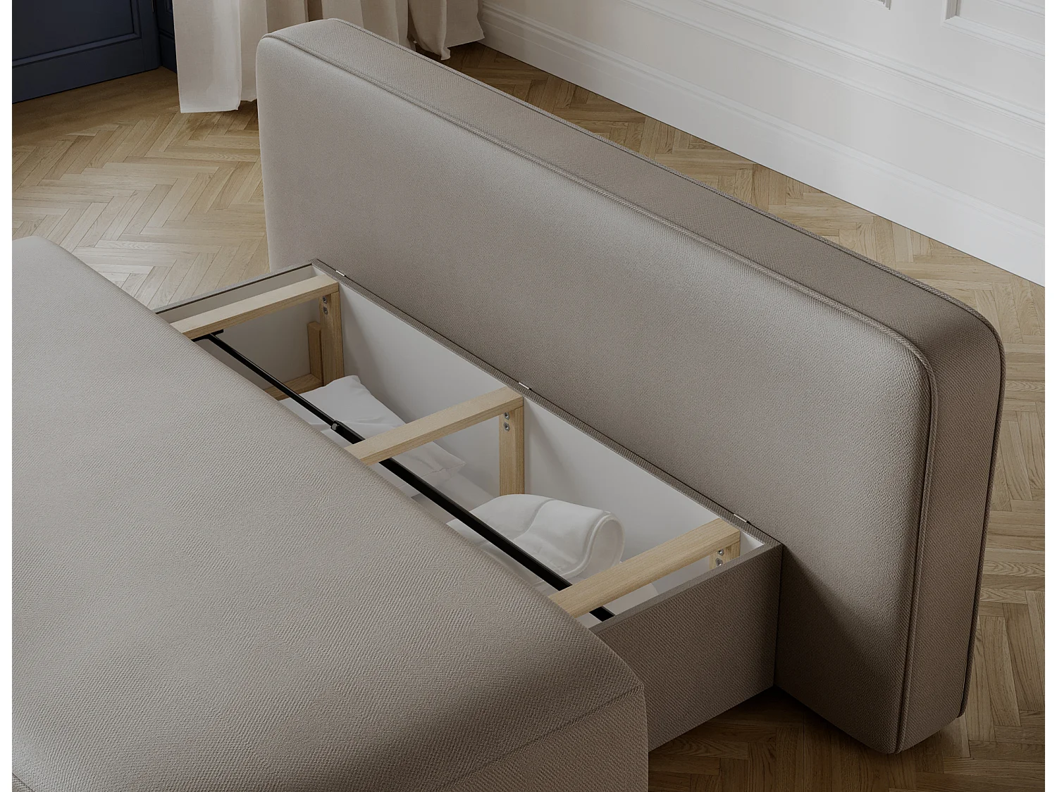 Canapé convertible 2 places KOURA tissu doux avec coffre – 193cm-Taupe