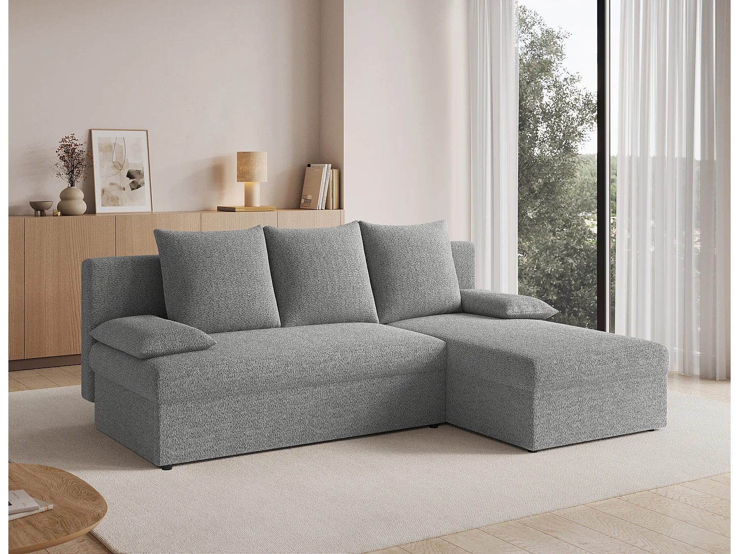 Canapé d’angle réversible convertible GARY en tissu côtelé – 206cm-Gris