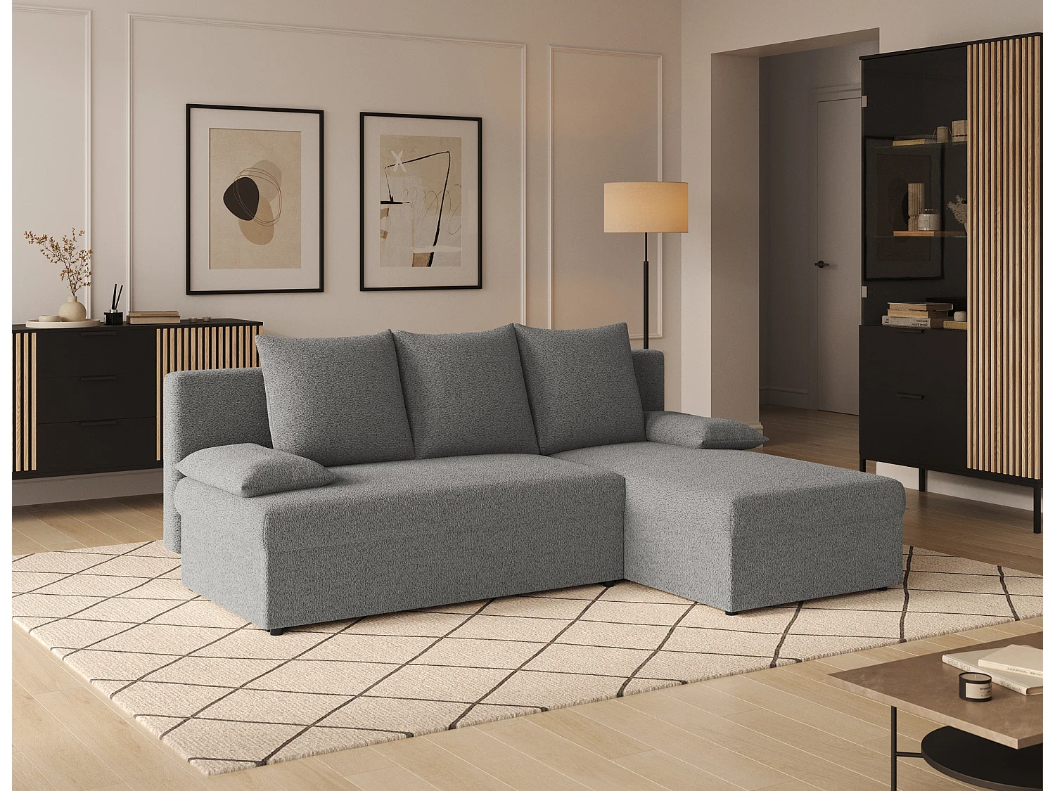 Canapé d’angle réversible convertible GARY en tissu côtelé – 206cm-Gris