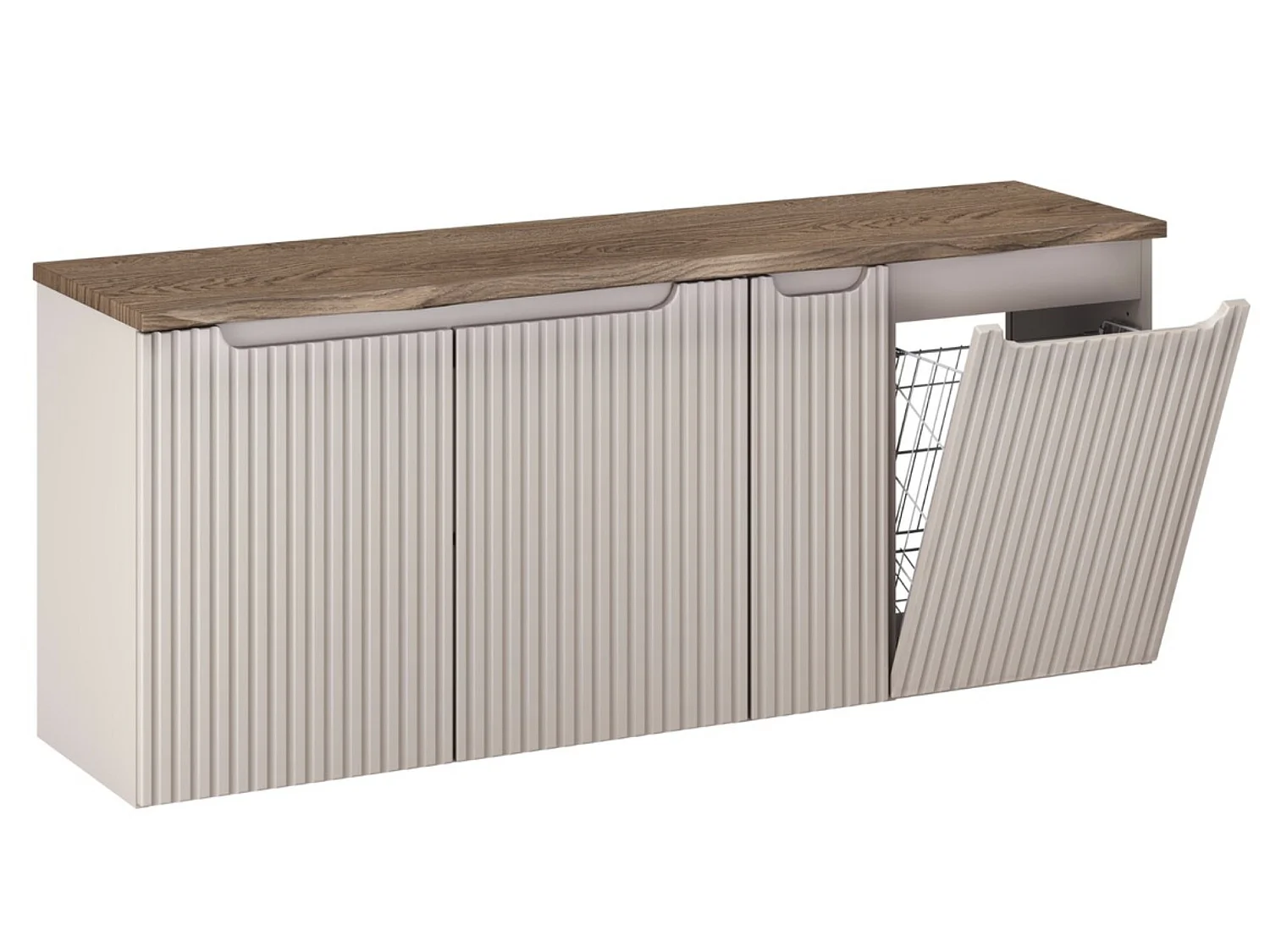 Ensemble meuble salle de bain suspendu NOVA 140cm taupe avec panier à linge et plan effet bois Chêne Casella