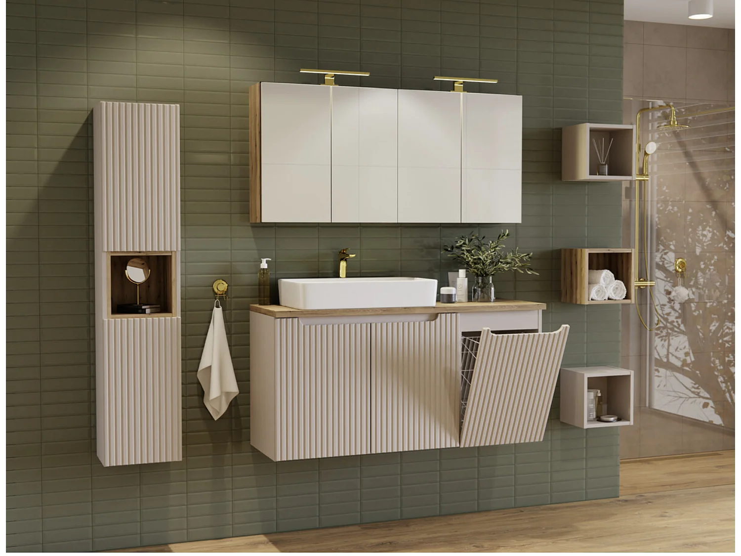 Ensemble meuble salle de bain suspendu NOVA 140cm taupe avec panier à linge et plan effet bois Chêne Casella