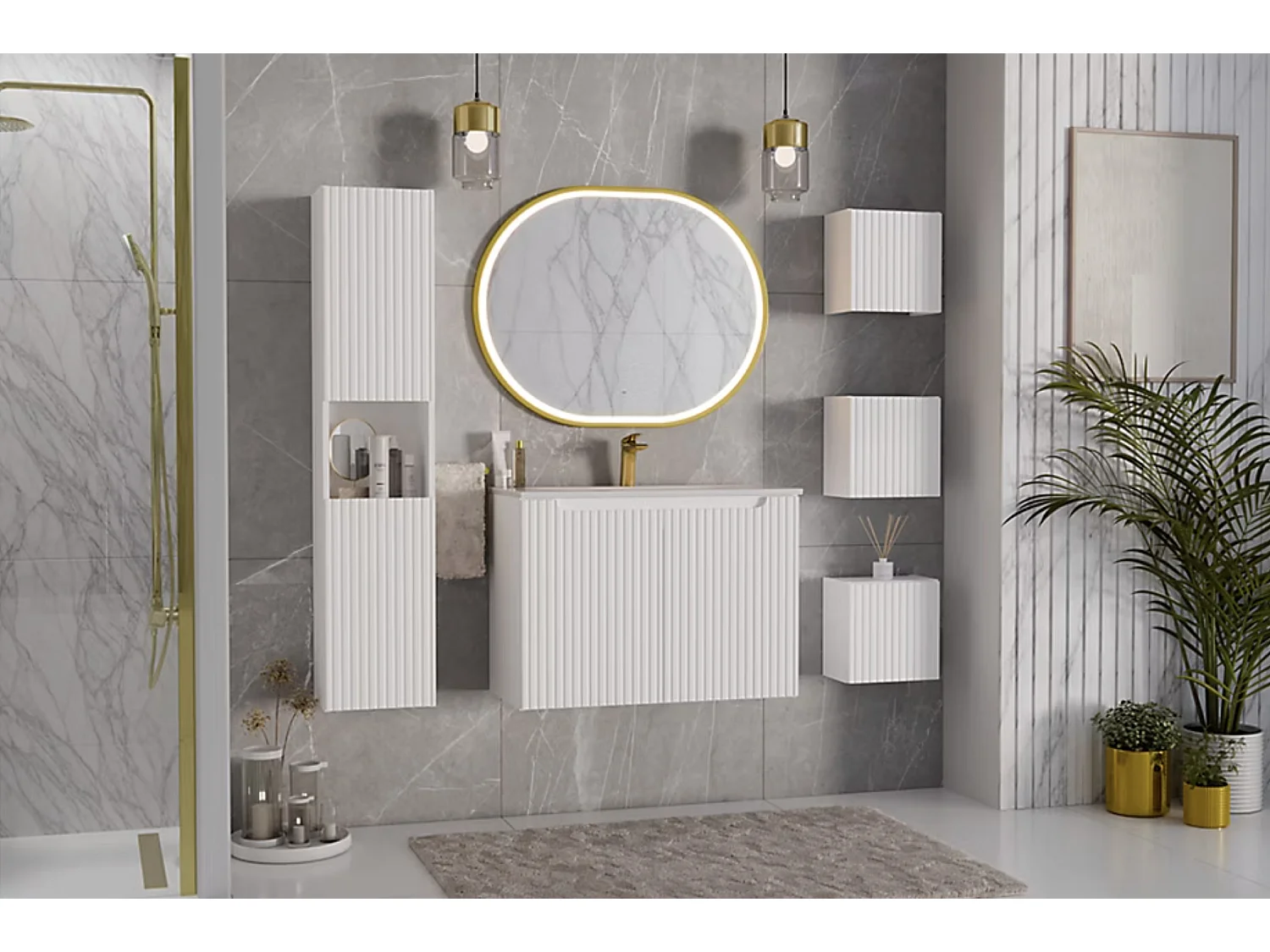 Meuble suspendu 2 tiroirs avec vasque ovale blanche NOVA-Blanc-Largeur 60 cm