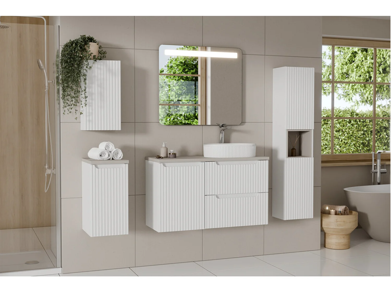 Meuble sous vasque suspendu 2 tiroirs avec plan NOVA-Blanc-Plateau Blanc-Largeur 80 cm